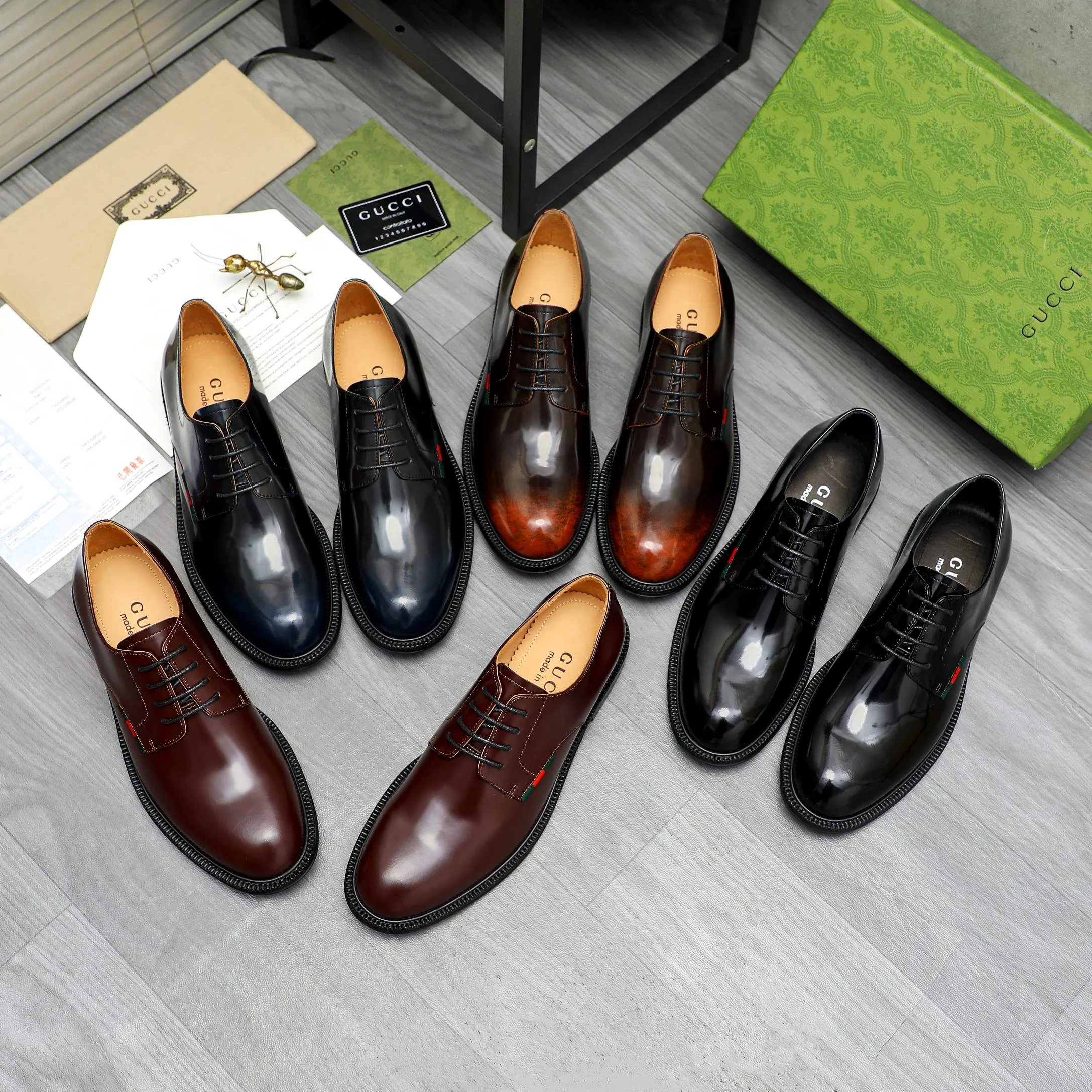 Men's shoes 💰500 Product trademark: GUCCI "Gucci" business lace-up leather shoes Regular size: 38-44 (45.46 custom-made, non-returnable) Product materials: Selected patent cowhide upper, cowhide lining, original rubber outsole